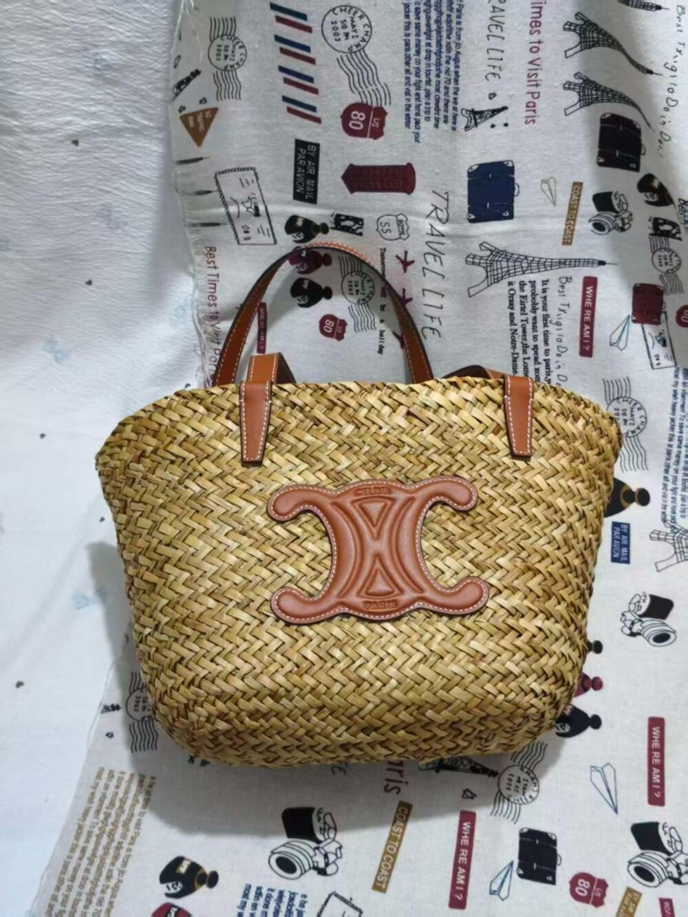 Celine Triomphe Woven Straw Tote Bag Natural Brown Leather Handles